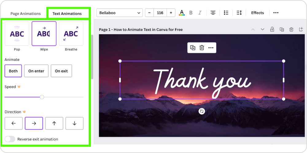 show text animation settings in canva