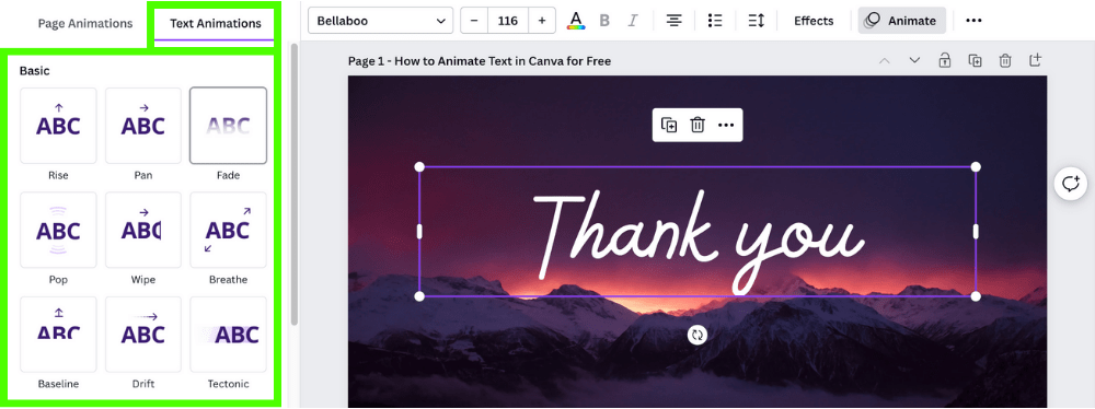 Select Animation button for left side menu to slide out with text animation styles in Canva