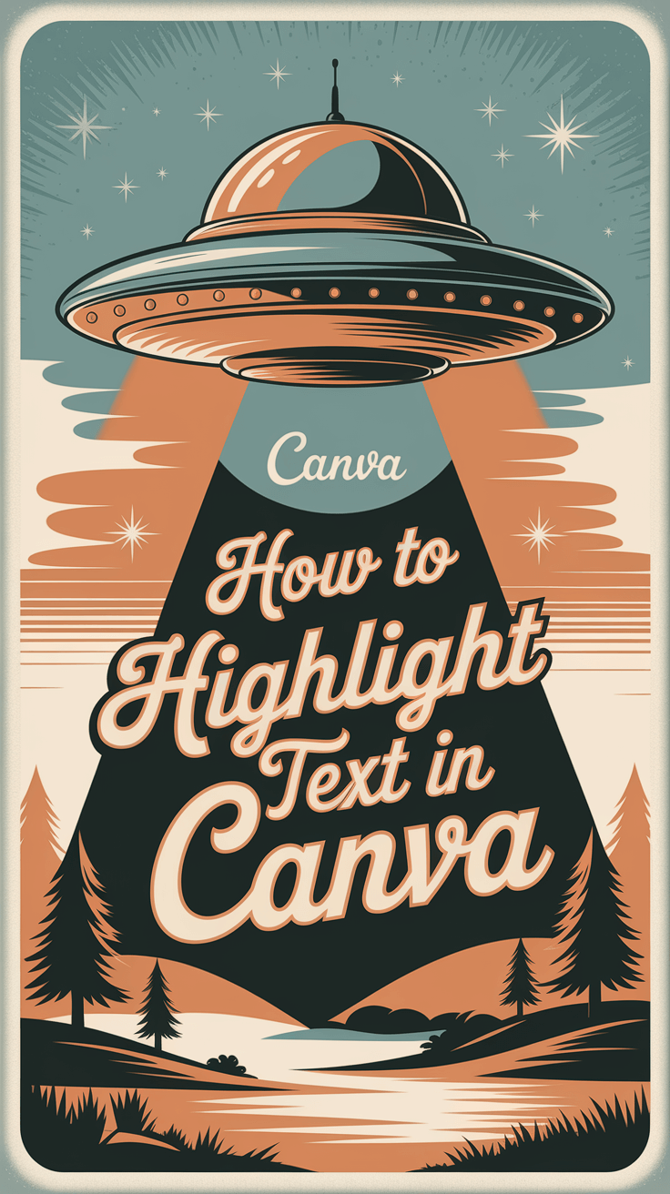 How To Highlight Text In Canva With 4 Insanely Easy Ways 1 Vintage-style illustration of a UFO beaming down on a forested landscape with text: "How to Highlight Text in Canva."