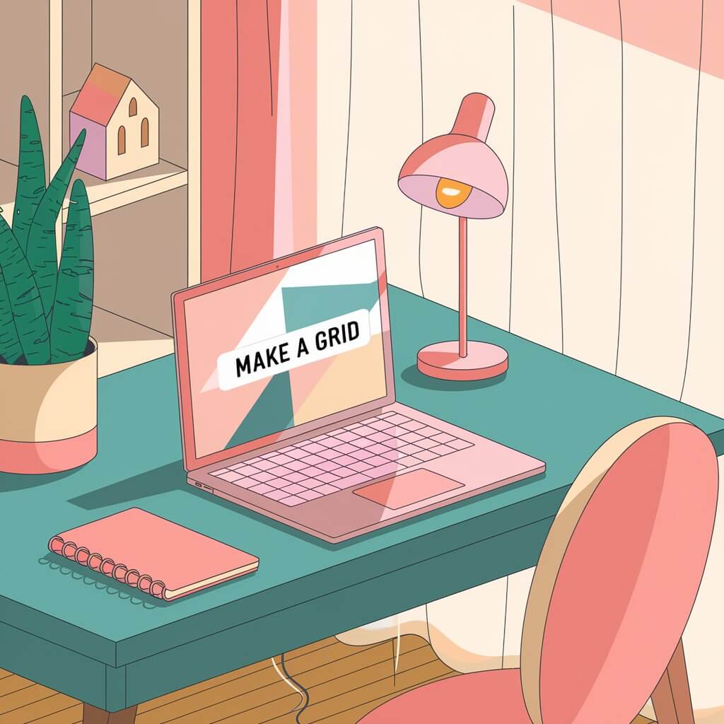 A stylish workspace features a pink-themed laptop displaying "MAKE A GRID," a potted plant, lamp, notebook, and decorative shelf with a house model.