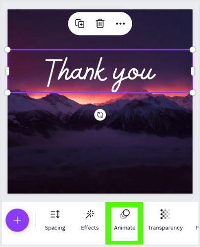select animate button to animate text in canva mobile app