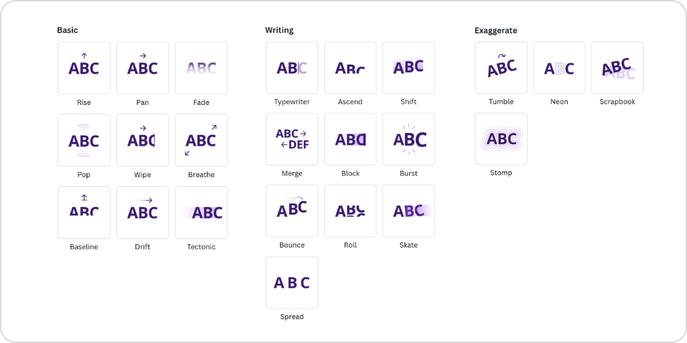 text animation style categories in Canva