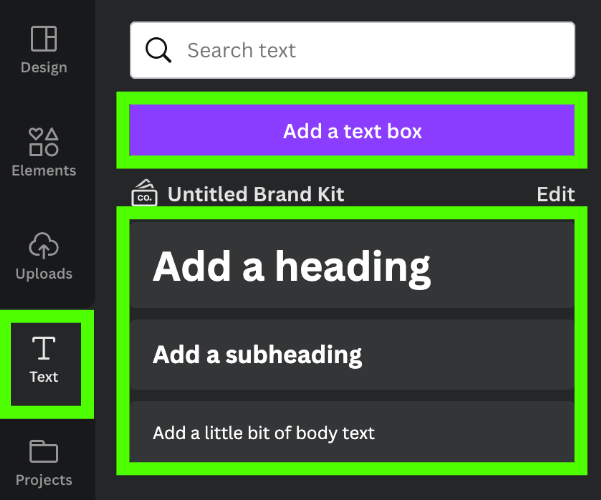 Add heading, subheading or a little bit of body text in Canva