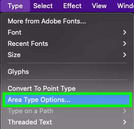 Area type options from top type menu