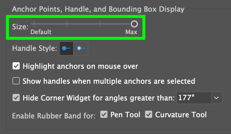 change size for anchor points, handle and bounding box display in adobe illustrator