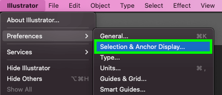 select preferences and selection and anchor display in Illustrator