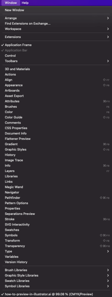 How To Preview In Illustrator 3 window menu in adobe illustrator