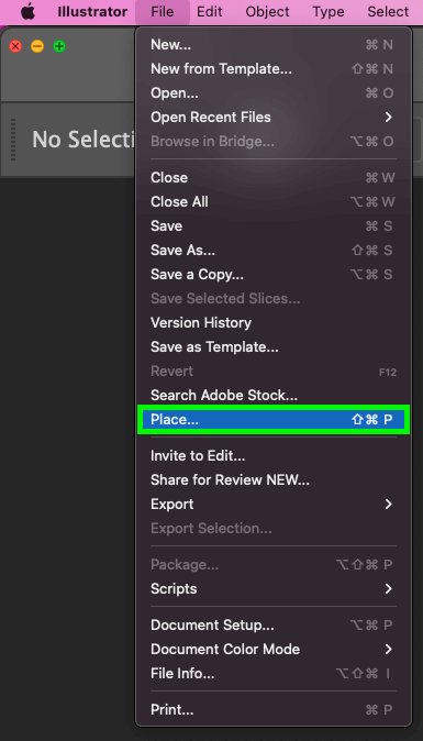 Go to File in the top menu and click Place file to Adobe Illustrator