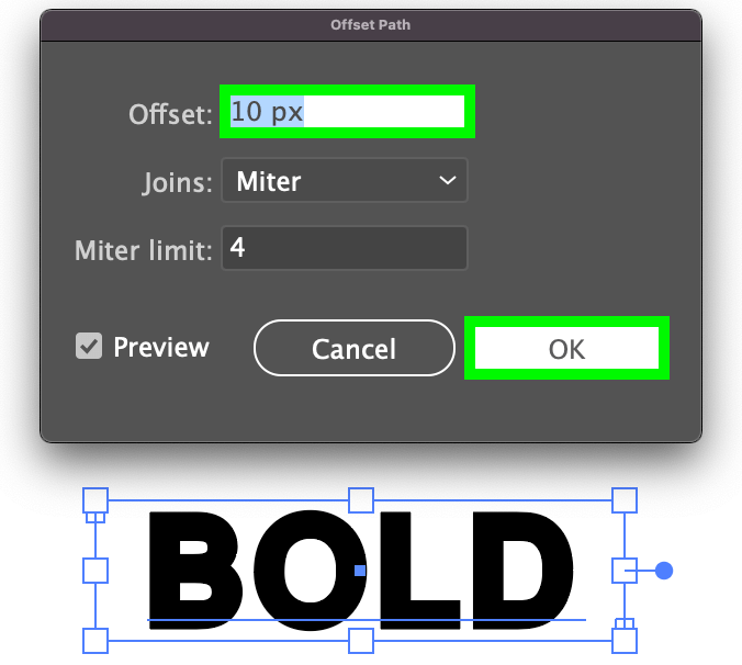 adjust offset path to bold text in Illustrator