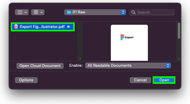 select PDF file and click open button in Illustrator – figma to illustrator