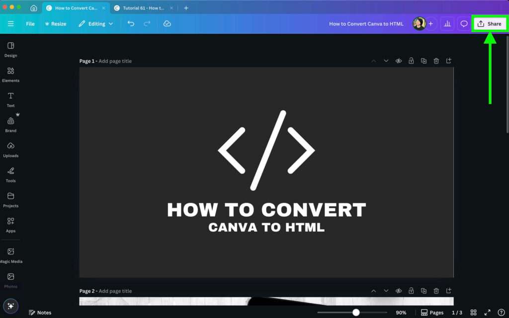 A tutorial screen displaying a guide titled "How to Convert Canva to HTML" with coding symbols on a dark background.