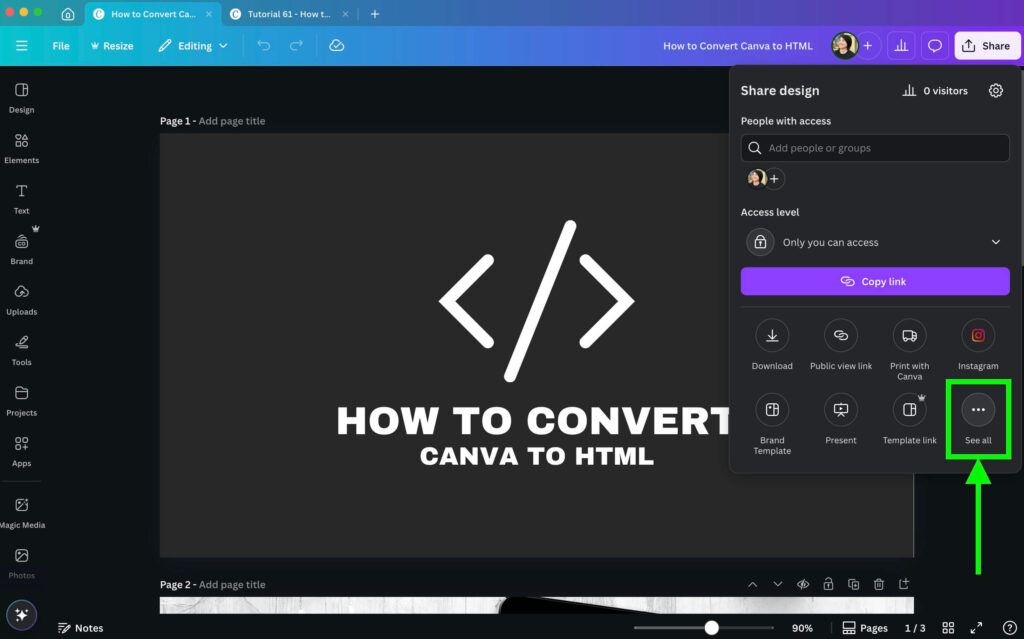 The image shows a Canva design screen with instructions to convert Canva to HTML, featuring a share options menu on the right side.