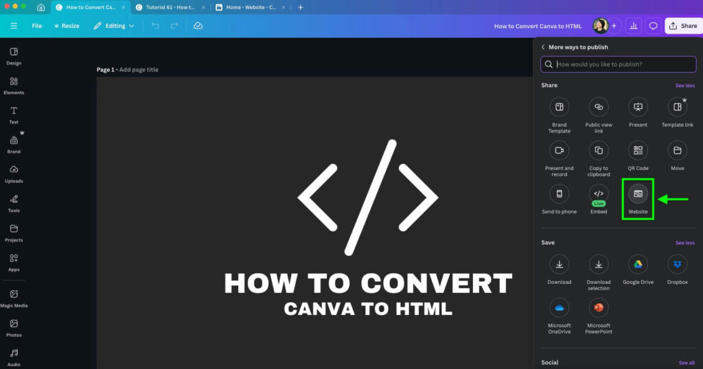 The image shows a Canva interface tutorial on converting Canva designs to HTML, displaying sharing options and coding icon on a dark background.