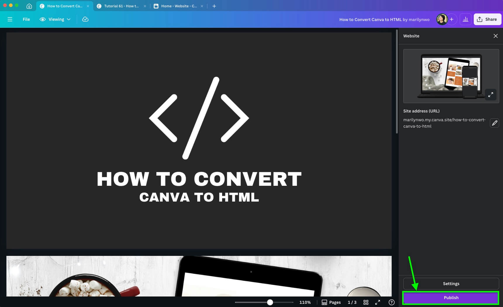 A tutorial interface for converting Canva designs to HTML displaying a webpage editor, coding symbol, and publishing button. Marshmallow-filled mug visible.