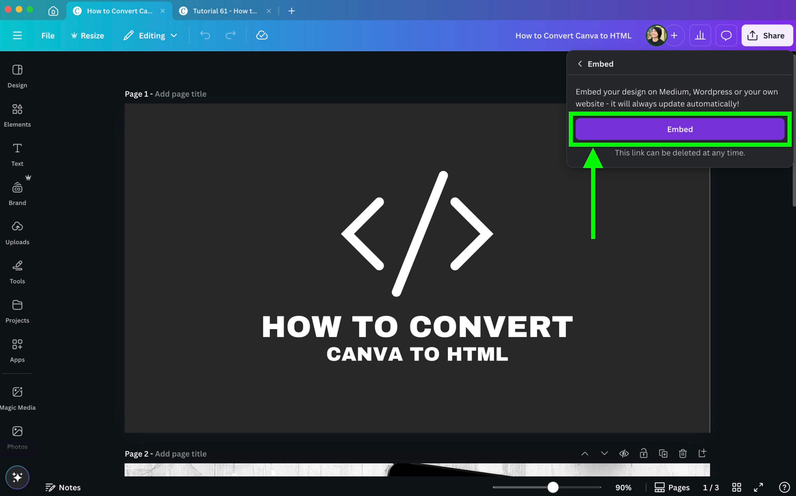 Screenshot of a design tool showing a tutorial titled "How to Convert Canva to HTML," with an embedded link option highlighted.