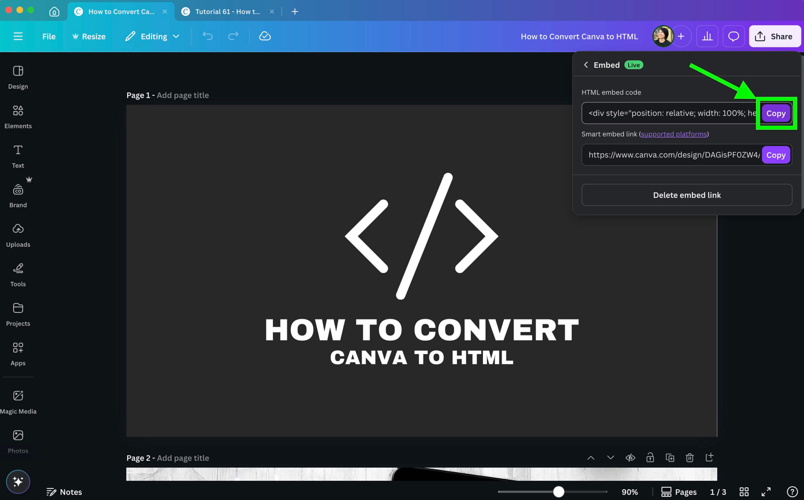 Screenshot of a Canva tutorial showing "How to Convert Canva to HTML" with an HTML embed code panel and design editor interface.