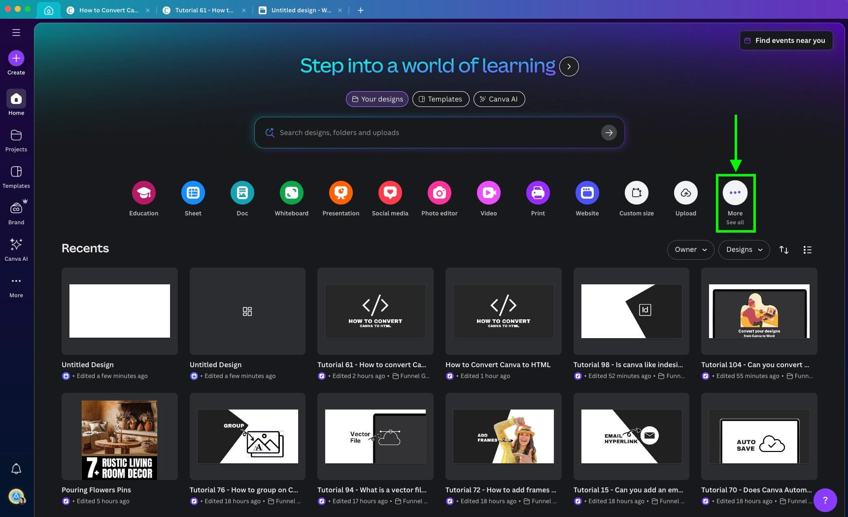 A colorful Canva dashboard displaying icons for various design types and recent projects, encouraging users to create and innovate digitally.