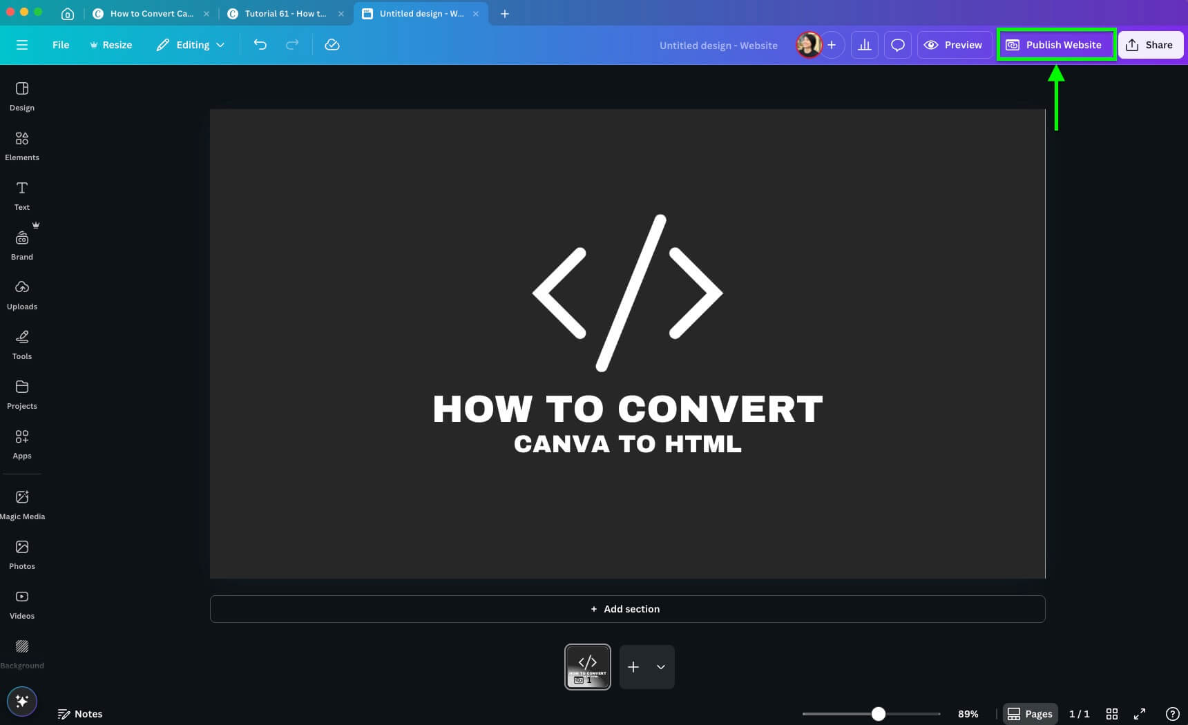 Screenshot of Canva interface showing a design tutorial titled "How to Convert Canva to HTML" with coding brackets icon.