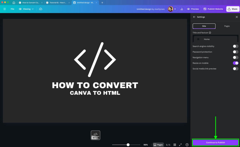 Screenshot shows a tutorial interface for converting a Canva design to HTML code, with various settings options visible on the right.