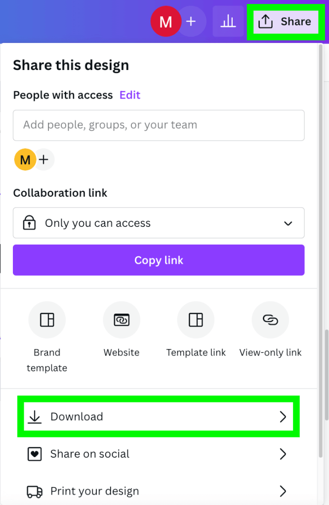 select share button and download option in canva
