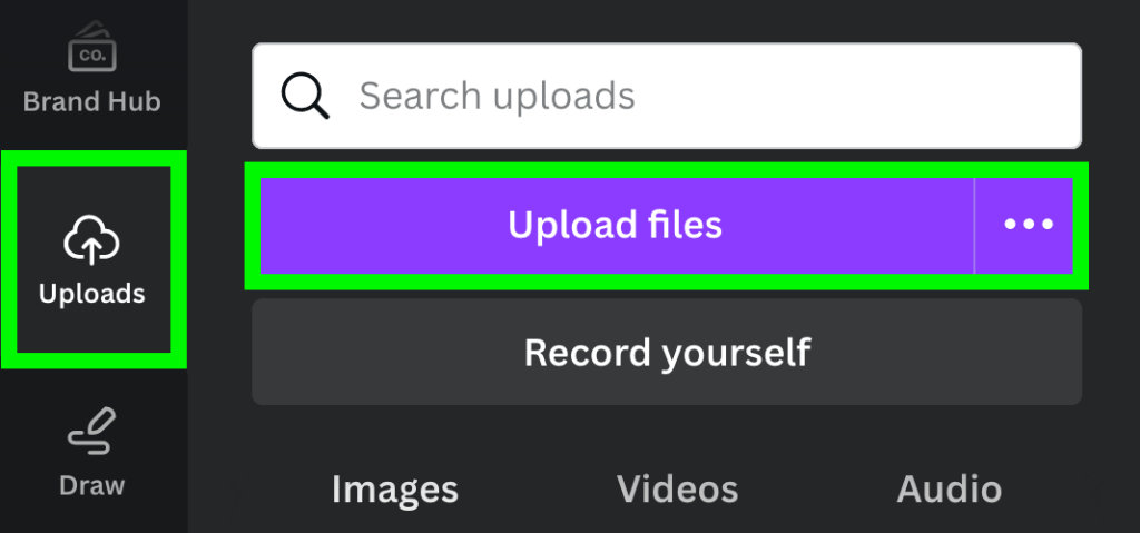 select upload button and upload file to canva