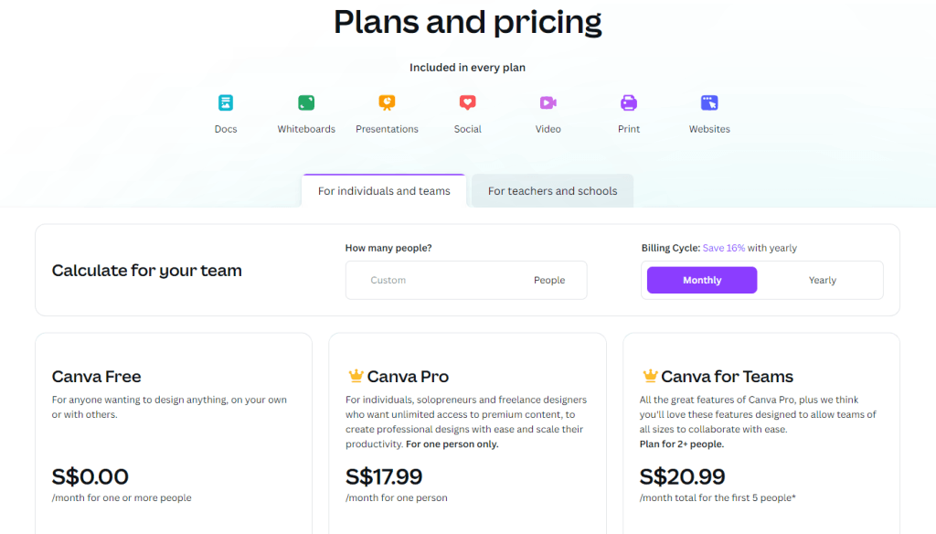canva pricing and plans