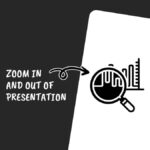 Graphic showing a magnifying glass over a bar chart with text "Zoom in and out of presentation" beside it on a split background.