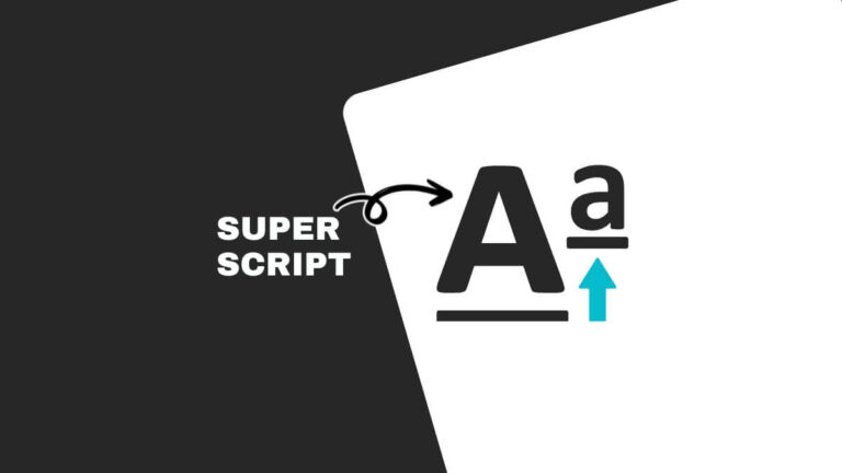 The image illustrates the concept of superscript with large letters, arrows, and the text "SUPER SCRIPT" against a contrasted background.