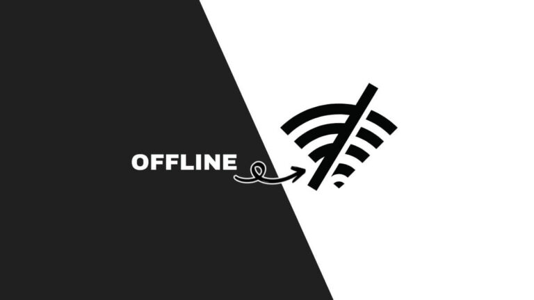 A black-and-white image with "Offline" text and a crossed-out Wi-Fi symbol, indicating no internet connection, split diagonally.