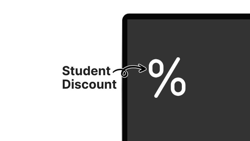 Text reads "Student Discount" with an arrow pointing to a percentage symbol on a black background, suggesting a discount offer for students.