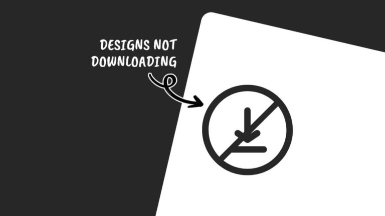 Minimalist graphic showing a crossed-out download icon with text stating "designs not downloading," featuring a black-and-white color scheme and arrow emphasis.