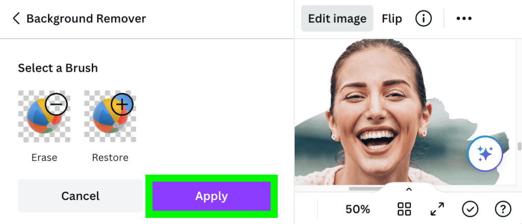 select apply button to remove image background in canva