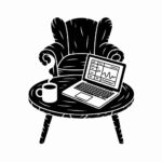A cozy space illustration with an armchair, coffee cup, and a laptop displaying graphs, set on a round wooden table.