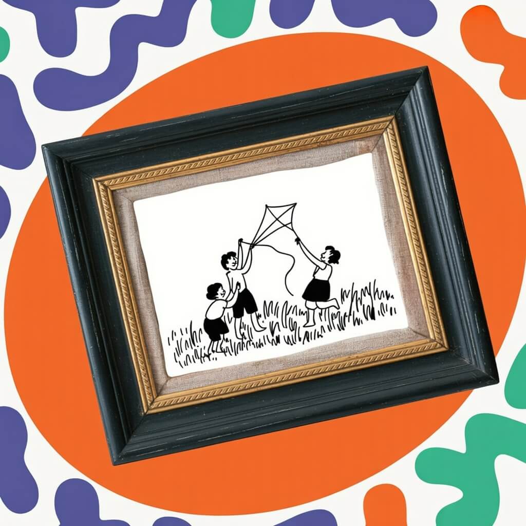 A framed illustration shows three children flying a kite in a grassy area, set against an abstract geometric background with colorful patterns.
