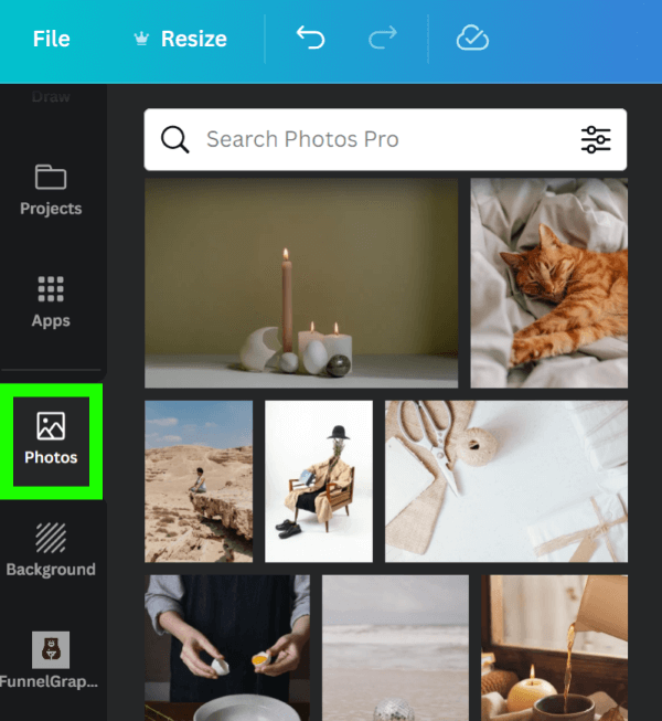 photos tab in Canva menu — is canva like indesign