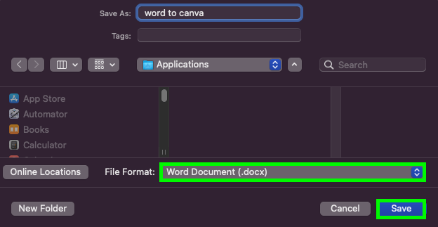 save as Word Document or docx in the File format section