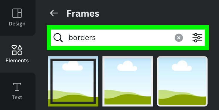 type in keyword borders into search bar in frames section in canva – how to use frames on canva