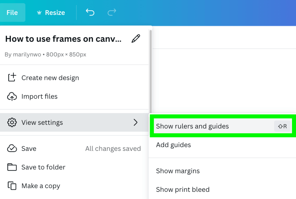 go to file menu and view settings to show rulers and guides in canva
