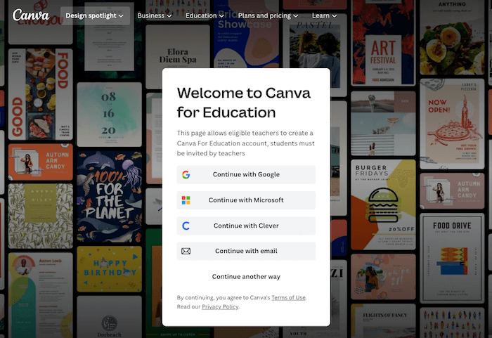 sign up page with welcome to canva for education