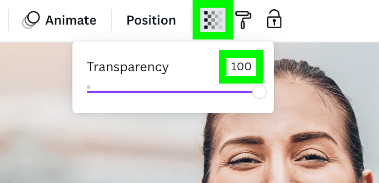 change image transparency to 100 in canva