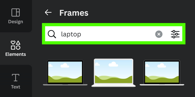 type keyword into frames search bar in canva