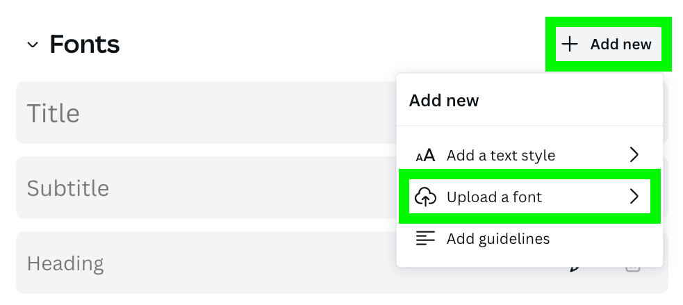 add new button to upload fonts to canva