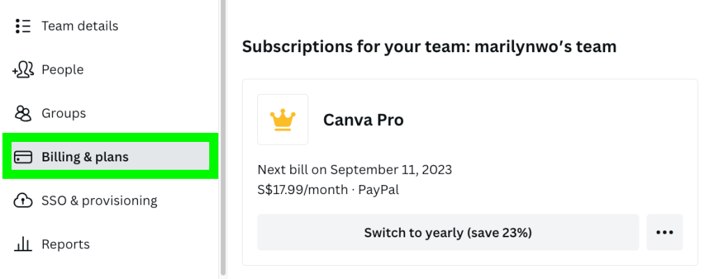 canva team subscription in billing and plans in account settings — can I cancel Canva anytime