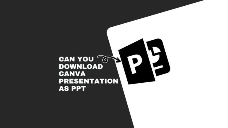 Black-and-white graphic asks if Canva presentations can be downloaded as PowerPoint files, featuring bold text and stylized "PPT" icons.