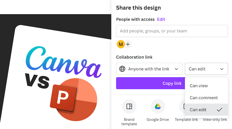 canva collaboration and share links with team