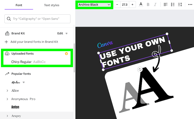 select text box and select uploaded font in canva