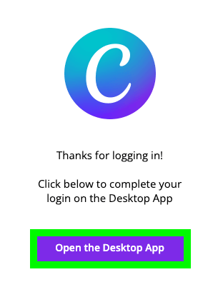 open desktop app to complete Canva login
