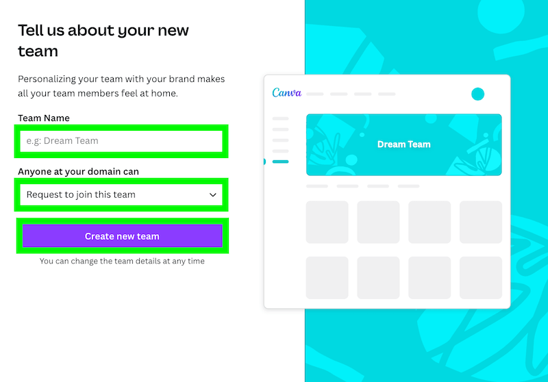 create a new team on canva