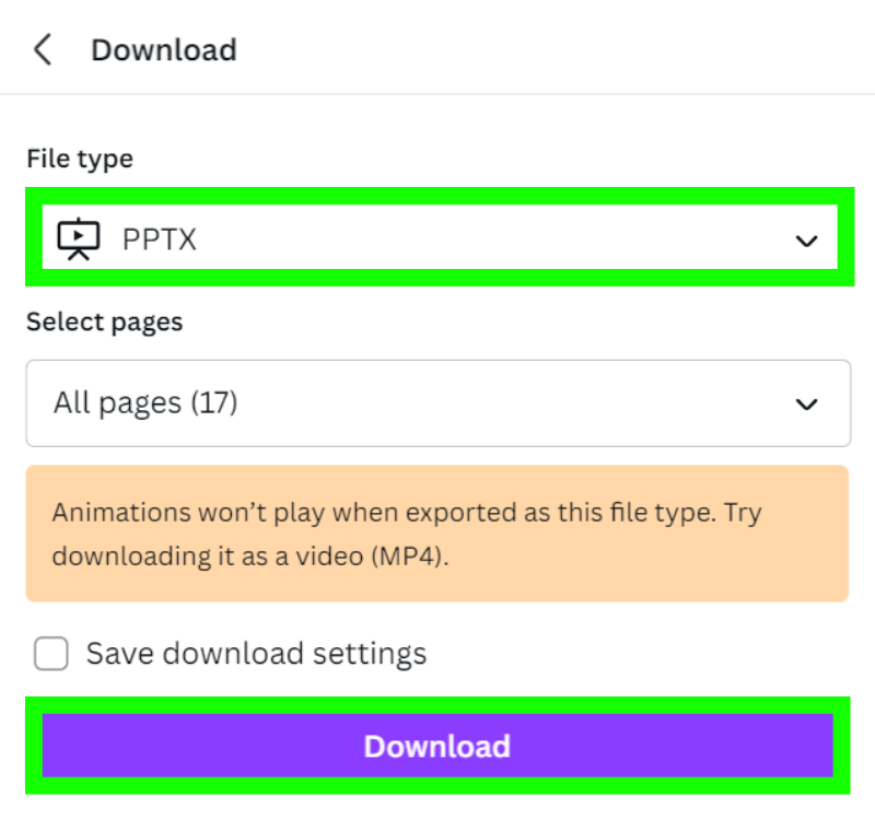 select pptx in download file type in canva
