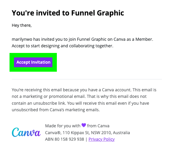 email invite message from canva to join team on canva